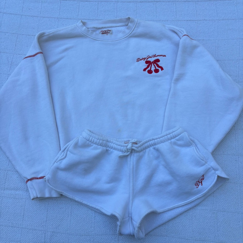 Women's L/M DAIRY BOY Dairy Girl Summer Cream Cherry Sweatshirt & Shorts Set